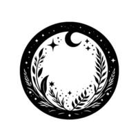 Celestial circle black and white illustration with moon, stars, and floral elements in a circular frame design. vector