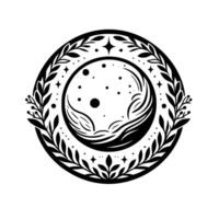 Celestial emblem a stylized black and white illustration featuring a crescent moon with stars, encircled by a floral wreath, on a pristine white background. vector