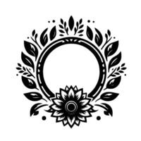 Black and white floral wreath frame a circular adorned with leaves, dots, and a central flower, perfect for a decorative border. vector