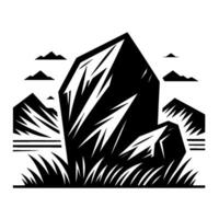 Stylized black white landscape geometric mountains, angled rock formation, with grass and clouds against white background. vector