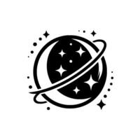 Celestial black white design crescent moon starry planet with orbital ring and constellation sprinkles. vector
