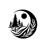 Yin yang symbol of serene nature black and white landscape with evergreen trees, sun, and leaves, reflecting balance. vector