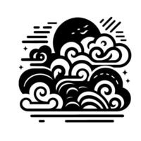 Stylized black and white illustration of a sun over clouds, incorporating swirls, stars, and linear elements. vector