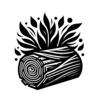 Black and white stylized illustration of a cut log sprouting stylized foliage and scattered dots, minimalist design. vector