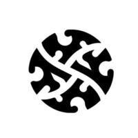 Intricate black and white within a circle, showcasing a stylized, interconnected pattern reminiscent of traditional art with organic curves and sharp edges. vector