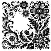 Ornate black and white floral border with flourishes, decorative elements, and symmetric design. vector