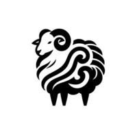 Minimalist monochrome sheep with swirling wool and curled horns, set against a white background. vector