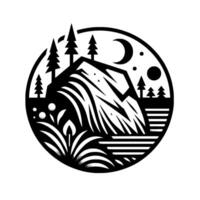 Circular black and white illustration mountains, trees, lake, moon, and celestial elements in a silhouette composition vector