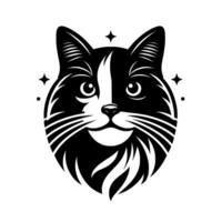 Black and white stylized cat face with whiskers, sparks, and a white stripe, smiling, vectorlike on white background. vector
