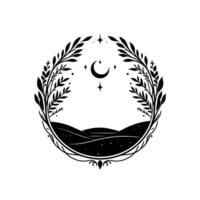 Celestial nightscape a mystical emblem featuring a crescent moon, stars, rolling hills, and leafy wreath in a monochrome, minimalist design. vector