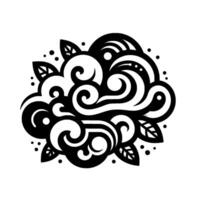 Black and white stylized floral cloud with swirling patterns and leaf accents on a simple, minimalist background. vector