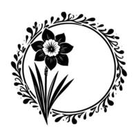 Black and white daffodil illustration encircled by a delicate floral wreath design, with stylized leaves and a circular frame. vector