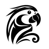 Striking black and white parrot head silhouette featuring bold lines and a detailed feathered crest against a clean white backdrop. vector