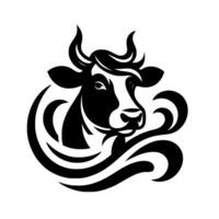 Black and white cow head with abstract swirling design, expressive animal illustration on white background, for dairy branding. vector