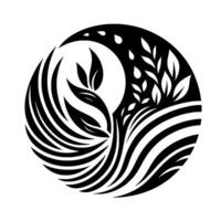 Yinyang style circle composition, divided by contrasting black white. depicting leaves, water drops, and flowing lines as a design. vector