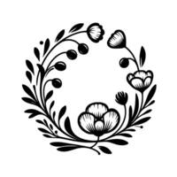 Intricate black and white floral wreath design, featuring stylized flowers, berries, and leaves in a circular composition on a white background. vector