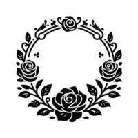 Elegant black floral wreath with roses, leaves, and decorative elements on white background, perfect for borders and decorative designs. vector
