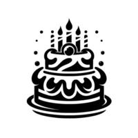 Twotiered birthday cake in a stark black and white silhouette, adorned with candles, bubbles, and ornate frosting, perfect for festive events. vector