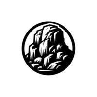 A stylized, monochrome emblem depicts a jagged mountain range within a circular frame, suggesting strength and adventure. vector