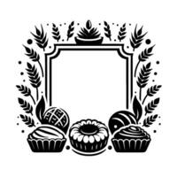 Elegant monochrome bakery frame with pastries and wheat stalks surrounding a central blank space for text, perfect for branding. vector