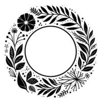 Intricate black and white floral wreath with open center for text, showcasing diverse leaves, flowers, and decorative dots. vector