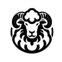 Bold black and white ram head design, featuring curved horns, curly wool, and a circular composition on a white background. vector