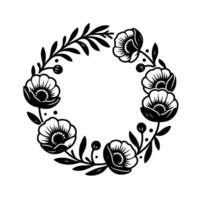 A minimalist black and white floral wreath featuring stylized poppies and leaves arranged in a circular pattern with a clean, airy aesthetic. vector