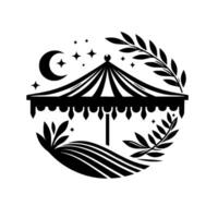 A stylized black and white depicting a circus tent under a crescent moon and stars, encircled by leafy branches, evoking a whimsical, nocturnal atmosphere. vector