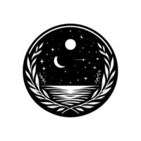 Monochrome celestial emblem crescent moon, stars, and moon over sea within laurel wreath frame vector