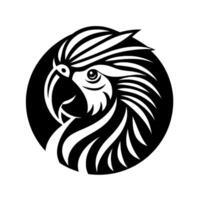 Striking black and white parrot head in a circular frame, showcasing detailed feather lines and a focused gaze. vector