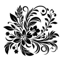Intricate black floral on white background detailed silhouettes of flowers, leaves, and swirls, creating a classic, symmetrical pattern. vector