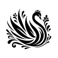 Elegant black and white swan silhouette adorned with ornamental flourishes and crown, on white background. vector