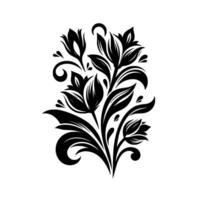 Intricate black and white floral design, stylized tulip bouquet, symmetrical composition with swirling elements, detailed leaves and droplets. vector