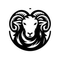 Monochrome, stylized illustration of a rams head, showcasing curved horns and a bold, symmetrical composition on a clean white background. vector
