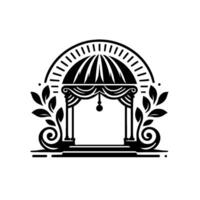 Elegant black and white illustration of a decorative gazebo with a domed roof, leaves, and intricate scrollwork elements. vector
