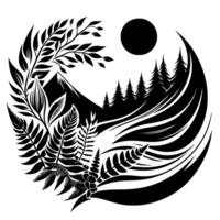 Yinyang illustration black white nature scene, mountain, trees, foliage, and sun in a circular harmony. vector