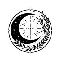 Celestial emblem crescent moon with stars, clock face, and botanical wreath in minimalist black and white design. vector