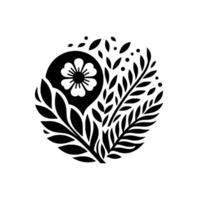 Intricate black and white floral emblem a stylized depiction of a flower enclosed in a circle, complemented by leaves and botanical patterns. vector