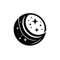 Black and white circular featuring a crescent moon, stars, and celestial elements against a pristine white background. vector