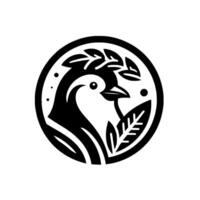 Elegant black and white circle featuring a stylized dove and laurel branch, modern minimalist. vector