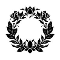 Elegant black and white floral wreath design, featuring stylized lotus flowers and leaves, arranged in a circular pattern against a white background. vector