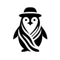 Chic penguin in black and white, wearing a bowler hat and scarf, minimalist and modern design. vector