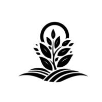 Monochromatic of a stylized growing plant, with leaves, in a semicircular shape over rolling hills. vector