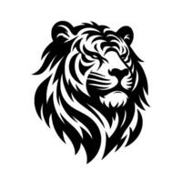 Bold, stylized monochrome head of a tiger with intricate patterns, radiating power, strength, and wild essence against white backdrop. vector