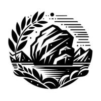 Monochrome minimalist landscape geometric illustration of mountain, lake, foliage, and sun elements within a circular frame. vector