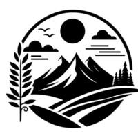 Monochromatic naturethemed emblem featuring wheat stalk, mountains, sun, clouds, birds, and stylized fields within a circular frame. vector
