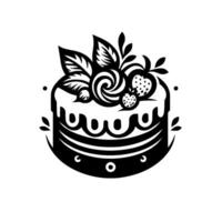 Elegant monochrome cake illustration with floral toppings, berries, and ornamental decorative edges, a perfect for any occasion. vector