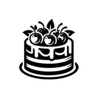 Black and white layered cake with cherry topping a minimalist illustration of a round, tiered cake decorated with dripping frosting and garnished with stylized cherries and leaves, creating a classic vector