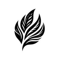 Stylized, symmetrical black leaf composed of multiple curved, textured segments on a bright white background, abstract botanical illustration. vector