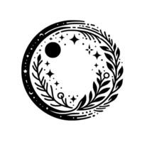 Celestial foliage a black and white circular featuring a moon, stars, and botanical elements. vector